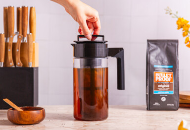 Bulletproof Cold brew brewed in cold brew coffee maker on kitchen counter