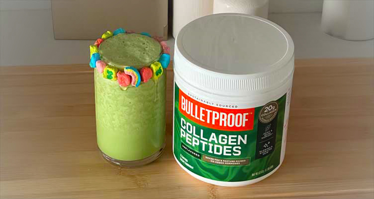 green smoothie next to bulletproof collagen protein